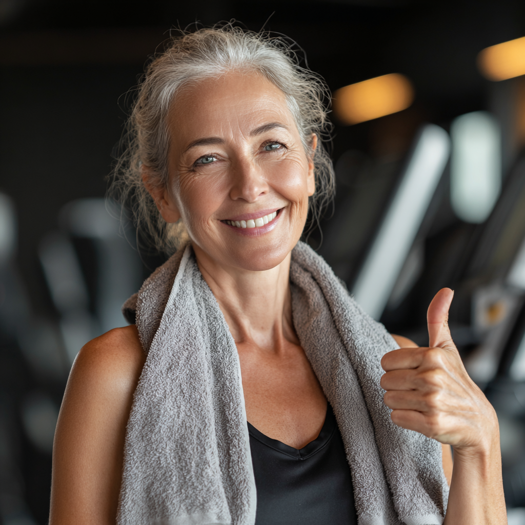 Позитивна європейська жінка середнього віку з широкою усмішкою в спортивному одязі, яка демонструє здоровий спосіб життя та задоволення від фітнес тренувань
